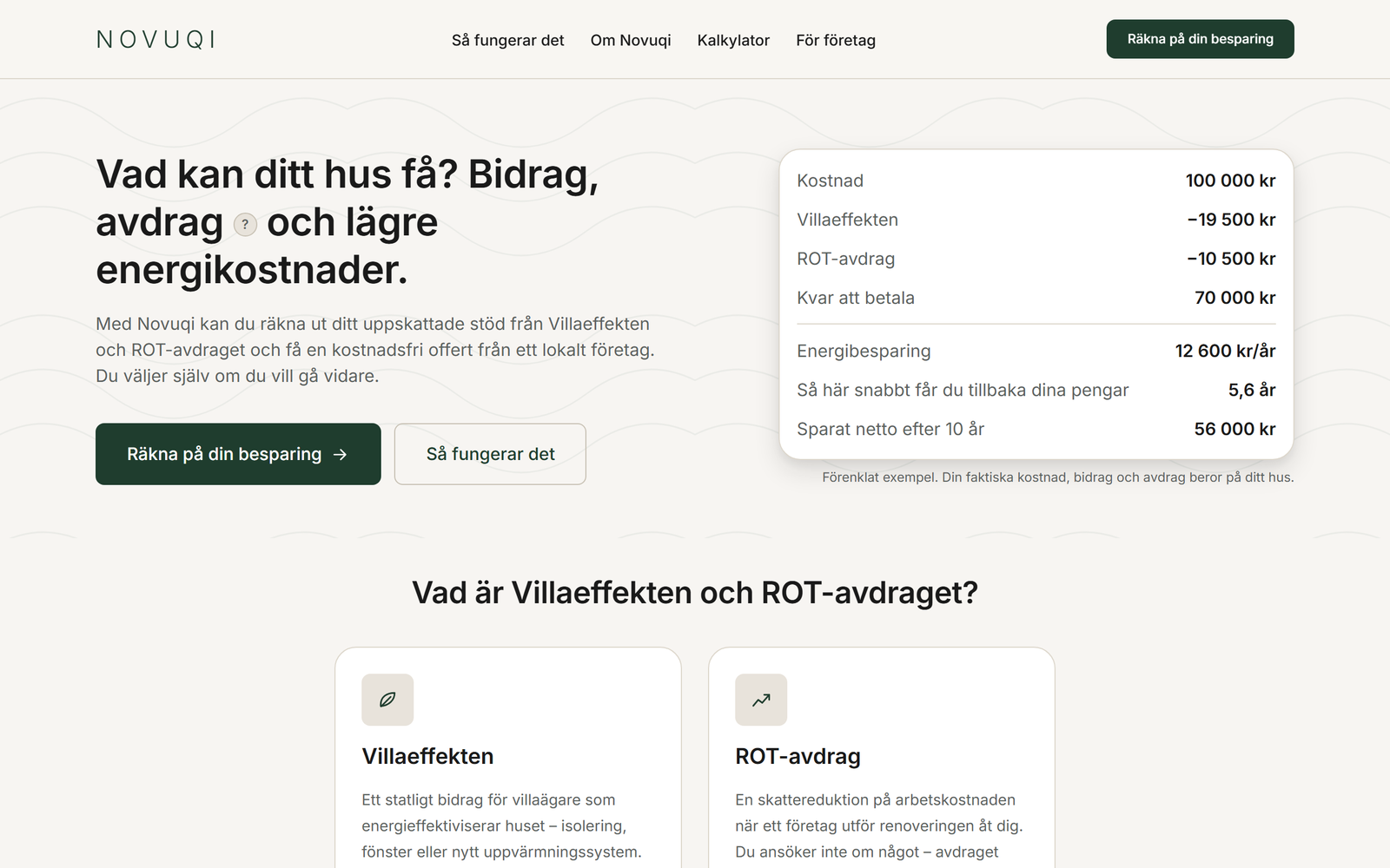 The Novuqi website, showing its calculator for Villaeffekten and the ROT tax deduction.